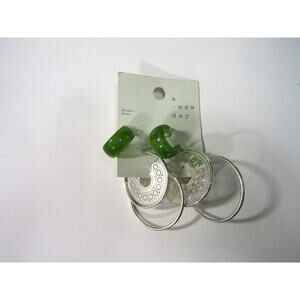 A New Day 3pc Green Silver Tone Earrings set Hoop Dangly Boho Oval Cottagecore